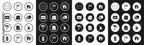 Set Search house, House, Hanging sign with text Online Rent, Doormat the Welcome, building speech bubble, Hand truck and boxes and Paint roller brush icon. Vector