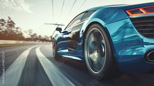 rear view of blue car on high speed in turn, rush hour rush along high-speed freeway, motion blur adding to fast-paced journey © CinimaticWorks
