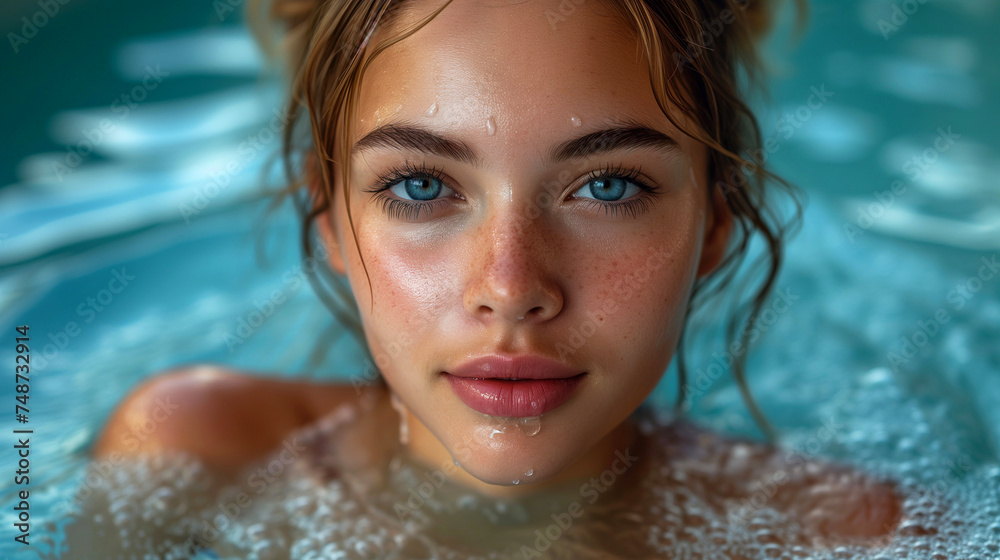Close-up portrait of a beautiful young woman with blue eyes in the swimming pool