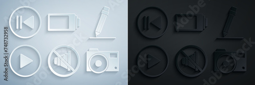 Set Speaker mute, Pencil with eraser, Play in circle, Photo camera, Battery charge level indicator and Rewind icon. Vector
