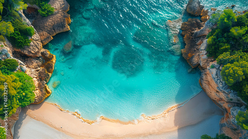 Aerial view of beautiful beach with turquoise water and white sand