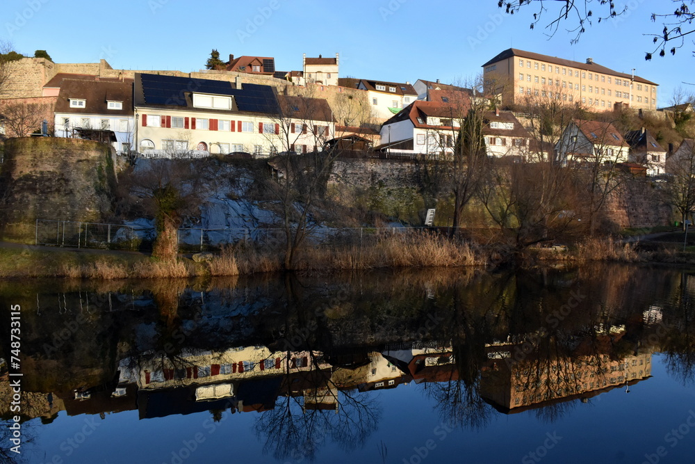 Häuser in Breisach spiegeln sich im Wasser
