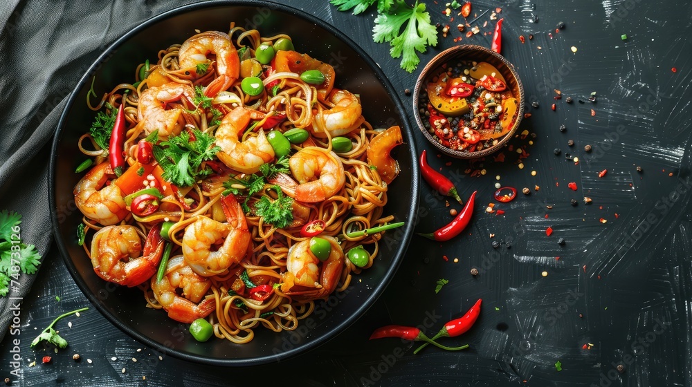 Rice noodles with shrimps and vegetables close-up on the table. top view of a horizontal Rice noodles with shrimps and vegetables close-up on the table. top view of a horizontal