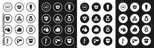 Set Cream or lotion cosmetic tube, Towel rolls, Mustache and beard, Aftershave, Barbershop and bottle with atomizer icon. Vector