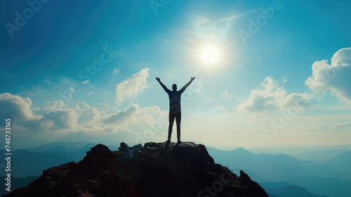 Silhouette of businessman celebrating raising arms on the top of mountain with over blue sky and sunlight.concept of leadership successful achievement with goal,growth,up,win and objective