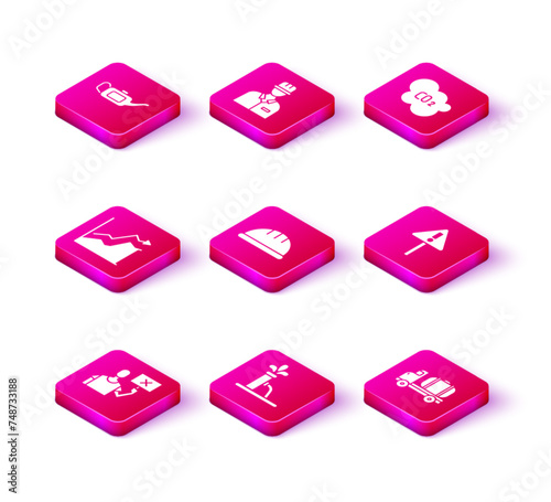 Set Nature saving protest, Oil pump or pump jack, price increase, Worker safety helmet, Tanker truck, Exclamation mark triangle, CO2 emissions cloud and Oilman icon. Vector