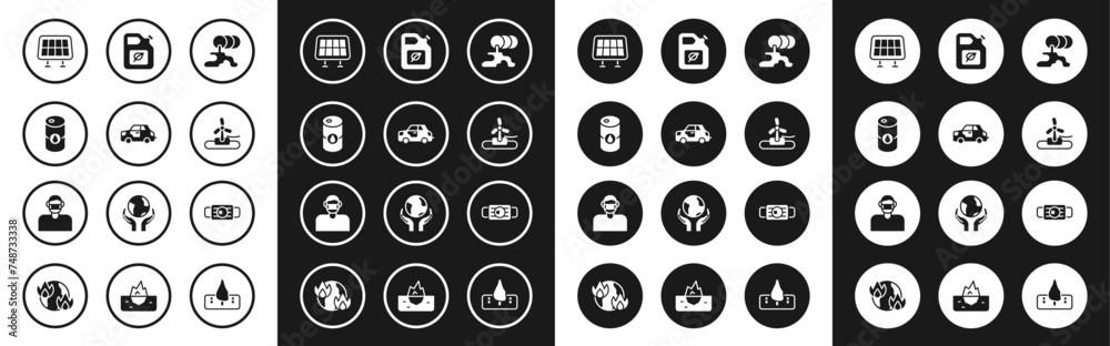 Set Barrel oil leak, Car, Solar energy panel, Wind turbine, Bio fuel canister, Medical protective mask and Face icon. Vector