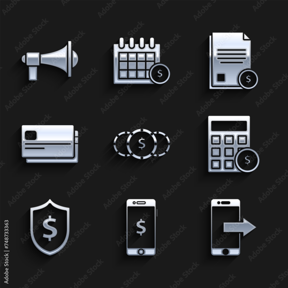 Set Coin money with dollar symbol, Smartphone, Smartphone, mobile, Calculator, Shield, Credit card, Finance document and Megaphone icon. Vector