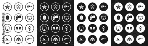 Set Fishing harpoon, Flashlight, Diving hood, Starfish, mask, Anchor inside shield, Compass and icon. Vector