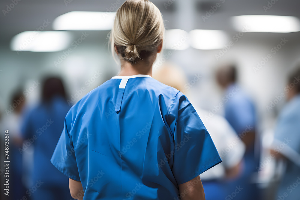Back view of nurse or doctor in blue garment in hospital Back view of nurse or doctor in blue garment in hospital