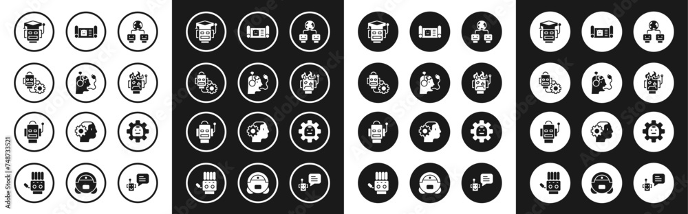 Set Artificial intelligence, Robot charging battery, setting, burned out, blueprint, and icon. Vector