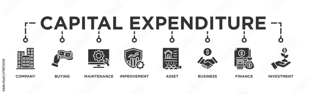 Capital expenditure banner web icon illustration concept with icon of company, buying, maintenance, improvement, asset, business, finance, investment Capital expenditure banner web icon illustration concept with icon of company, buying, maintenance, improvement, asset, business, finance, investment