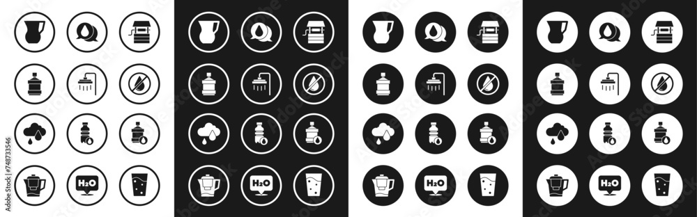 Set Well with bucket, Shower, Big bottle clean water, Jug glass, Water drop forbidden, and Cloud rain icon. Vector