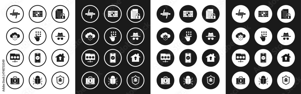 Set Document and lock, Password protection, Cloud shield, Barbed wire, Incognito mode, Shield with brick wall, House under and Folder password icon. Vector