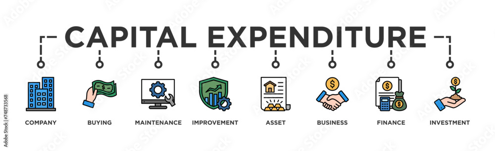 Capital expenditure banner web icon illustration concept with icon of company, buying, maintenance, improvement, asset, business, finance, investment Capital expenditure banner web icon illustration concept with icon of company, buying, maintenance, improvement, asset, business, finance, investment