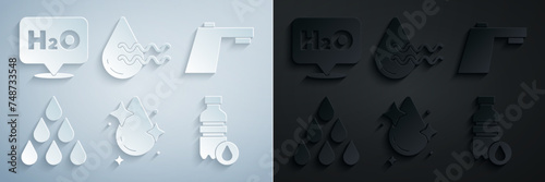 Set Water drop, tap, Bottle of water, Recycle clean aqua and Chemical formula for H2O icon. Vector