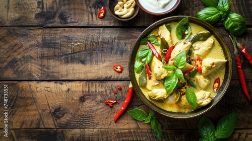 Thai food chicken green curry on dark wooden background. top view photo