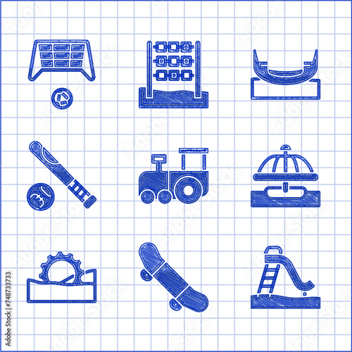 Set Toy train, Skateboard trick, Kid slide, Attraction carousel, Ferris wheel, Baseball bat with ball, Boat swing and Soccer goal icon. Vector