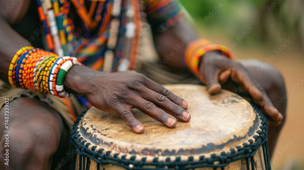 Fototapeta premium A man playing an ethnic percussion musical instrument jembe. Drummer playing african music
