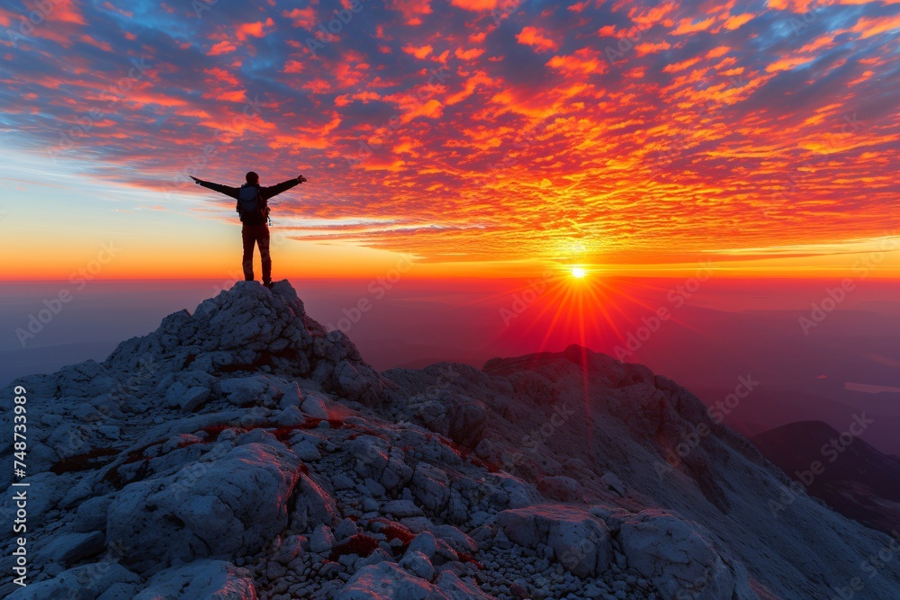 Silhouette of a Person Celebrating on Mountain Peak at Vibrant Sunset - Nature and Achievement Concept