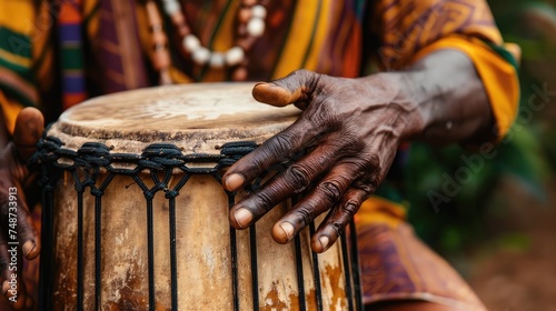 A man playing an ethnic percussion musical instrument jembe. Drummer playing african music photo