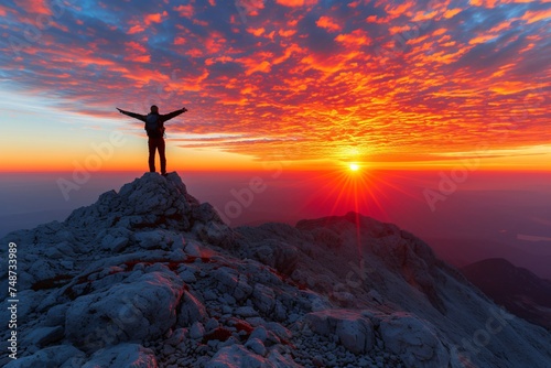 Silhouette of a Person Celebrating on Mountain Peak at Vibrant Sunset - Nature and Achievement Concept