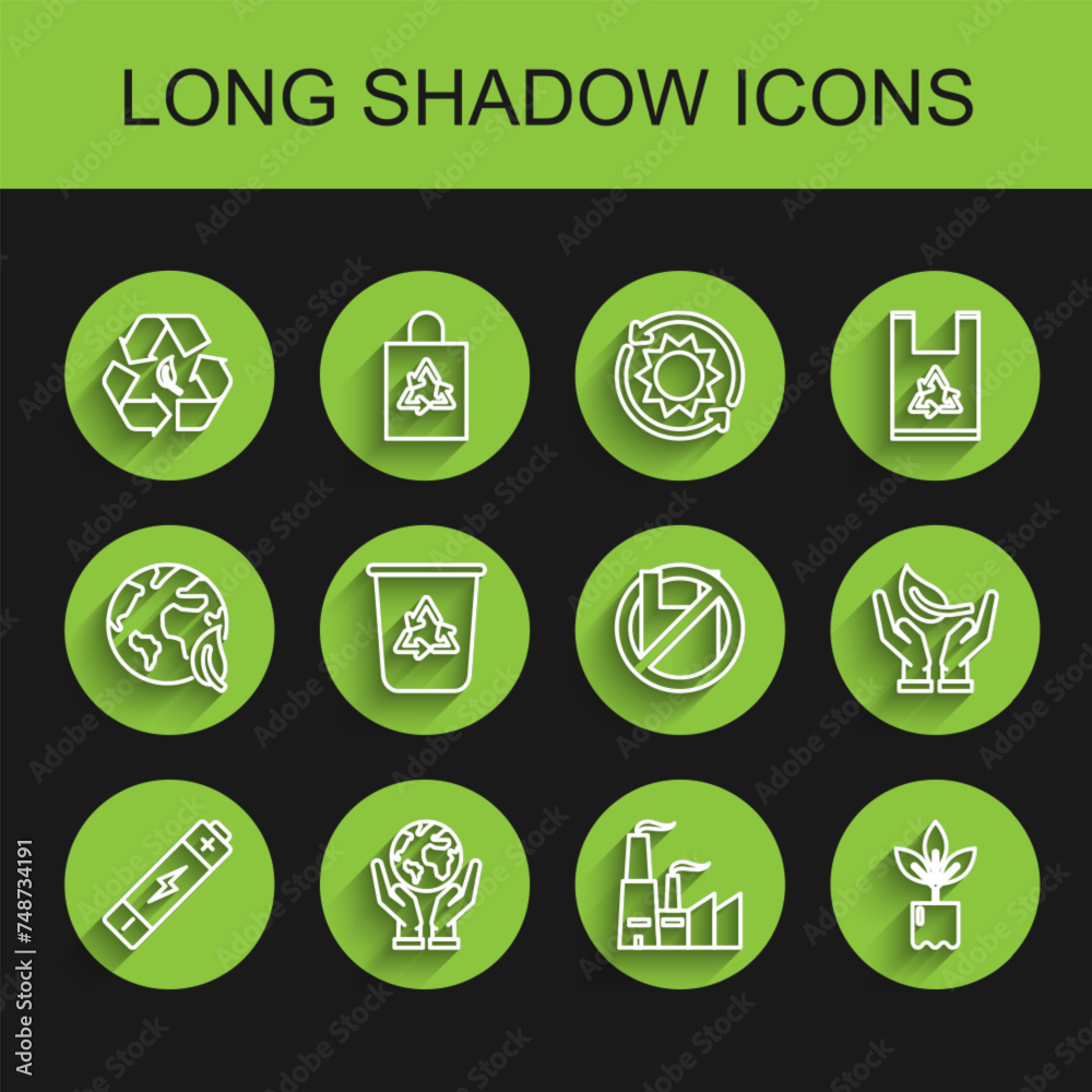 Set line Battery, Human hands holding Earth globe, Recycle symbol leaf, Factory, Plant bottle, bin with recycle, Sprout of environmental protection and Say no plastic bags poster icon. Vector Set line Battery, Human hands holding Earth globe, Recycle symbol leaf, Factory, Plant bottle, bin with recycle, Sprout of environmental protection and Say no plastic bags poster icon. Vector