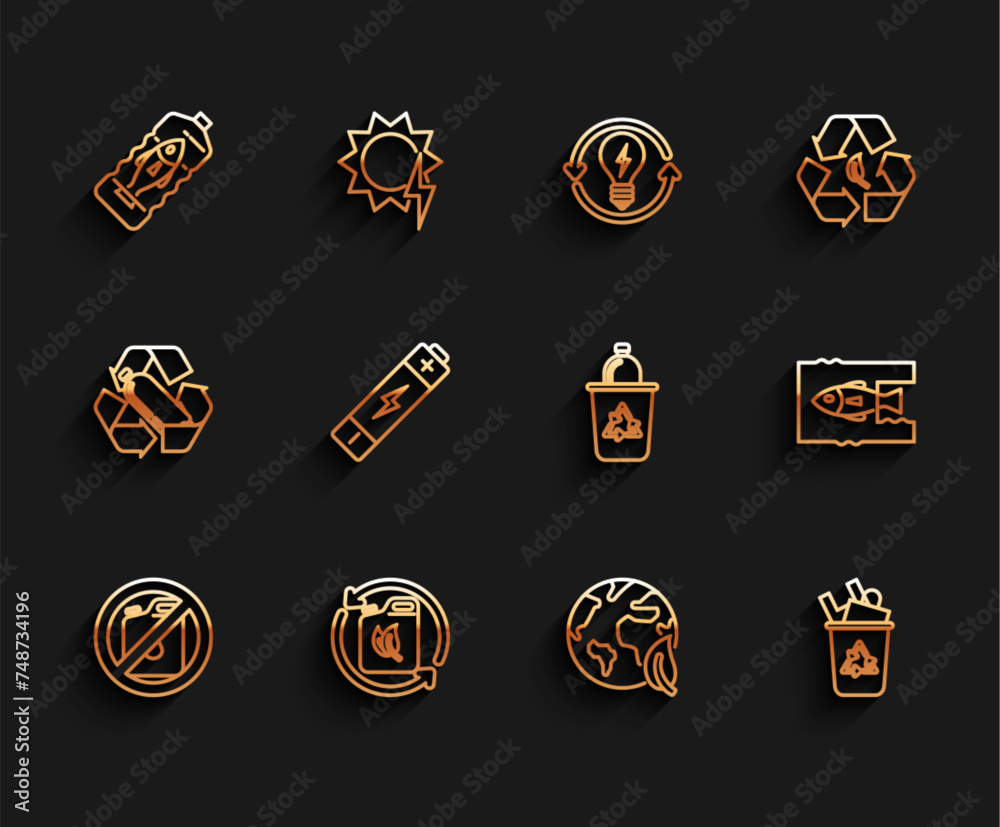 Set line No canister for gasoline, Bio fuel, Stop ocean plastic pollution, Earth globe and leaf, Recycle bin with recycle symbol, Battery, and icon. Vector Set line No canister for gasoline, Bio fuel, Stop ocean plastic pollution, Earth globe and leaf, Recycle bin with recycle symbol, Battery, and icon. Vector