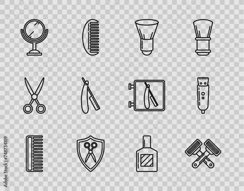 Set line Hairbrush, Crossed shaving razor, Shaving, Scissors hairdresser and shield, Hand mirror, Straight, Aftershave and Electrical clipper shaver icon. Vector