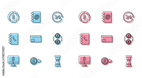 Set line Computer monitor with dollar symbol, Coin money pound sterling, Old hourglass flowing sand, Envelope, Money exchange, Address book and icon. Vector