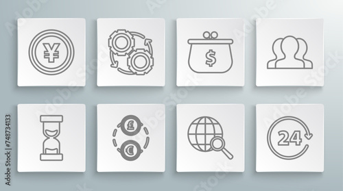 Set line Old hourglass with flowing sand, Gear arrows workflow process concept, Money exchange, Magnifying globe, Clock 24 hours, Wallet dollar symbol, Users group and Coin money Yen icon. Vector