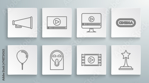 Set line Balloon with ribbon, Online play video, Funny and scary ghost mask, Play Video, Movie trophy, Cinema poster design template and Megaphone icon. Vector