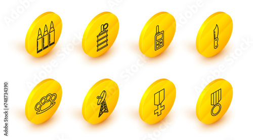 Set line Military reward medal, Radar, Brass knuckles, knife, Walkie talkie, Hand grenade and Bullet icon. Vector