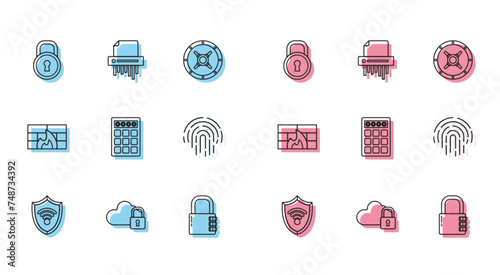 Set line Shield with WiFi wireless internet network, Lock, Safe combination, Password protection and safety access, Fingerprint, Firewall, security wall and Paper shredder confidential icon. Vector