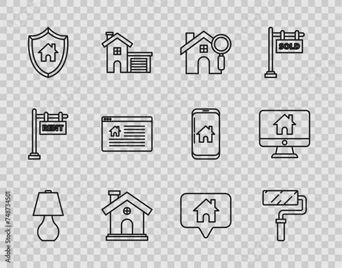 Set line Table lamp, Paint roller brush, Search house, House, with shield, Hanging sign text Online Sale, Map pointer and Computer monitor smart home icon. Vector