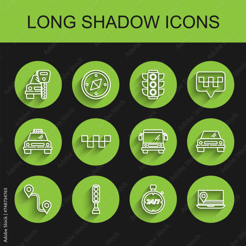 Set line Route location, Traffic light, Car rental, Stopwatch 24 hours, Laptop with marker, Taxi car roof, and Bus icon. Vector Set line Route location, Traffic light, Car rental, Stopwatch 24 hours, Laptop with marker, Taxi car roof, and Bus icon. Vector