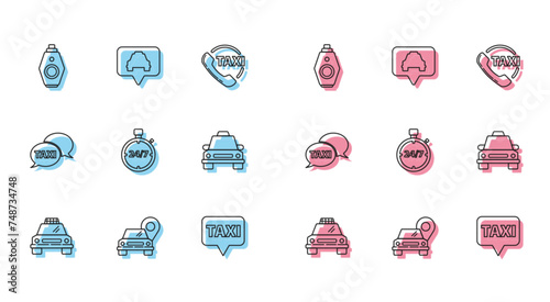 Set line Taxi car, Map pointer with taxi, Car key remote, Stopwatch 24 hours, call telephone service and icon. Vector