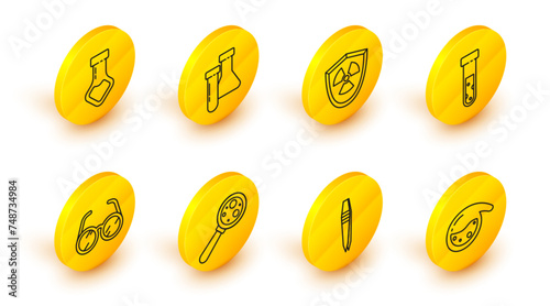 Set line Test tube and flask chemical, Tweezers, Microorganisms under magnifier, Laboratory glasses, Radioactive in shield, and icon. Vector