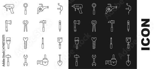 Set line Shovel, Putty knife, Pencil with eraser, Leaf garden blower, Pincers and pliers, Wooden axe, Electric drill machine and Claw hammer icon. Vector