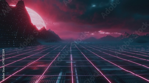 Futuristic neon retrowave background. Retro low poly grid wireframe landscape mountain terrain with set of glowing outrun sun vector illustration template