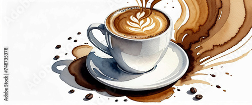 A cup of coffee with latte art. With a few coffee beans. Coffee stains on a white background. Illustration in watercolor style.