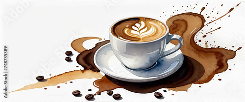 A cup of coffee with latte art. Coffee and beans. Coffee stains. Isolated on a white background. Illustration in watercolor style.