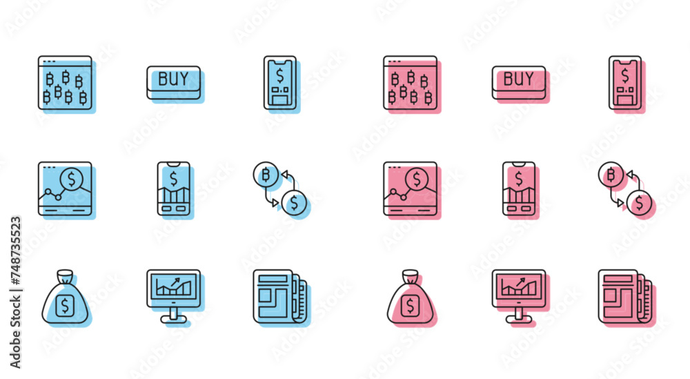 Set line Money bag, Computer with growth graph, Bitcoin in browser, Stock market news, Mobile stock trading, Cryptocurrency exchange, Website and Buy button icon. Vector