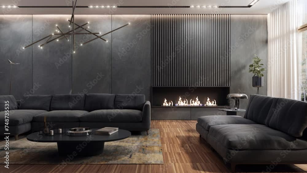 Modern and spacious living room presenting the same interior in different color versions with changing decors and finishing materials. Interior with fireplace and big stone slabs on wall. 3D animation