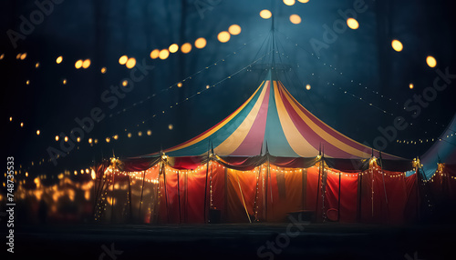 Circus tent with lights garland in night park ,concept carnival