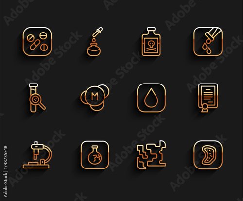 Set line Microscope, Cracked flask, Medicine pill or tablet, Gaseous, Bacteria, Molecule, Certificate template and Water drop icon. Vector