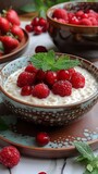 fresh raspberries and currants topping creamy yogurt in a decorative ceramic bowl