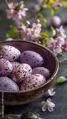 purple speckled easter eggs adorned with spring flowers in a ceramic bowl