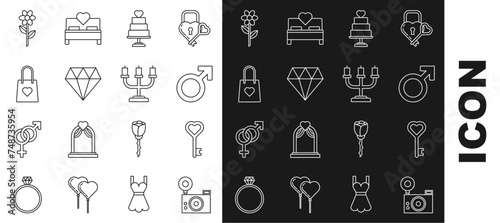 Set line Photo camera, Key in heart shape, Male gender symbol, Wedding cake with, Diamond, Shopping bag, Flower and Candlestick icon. Vector