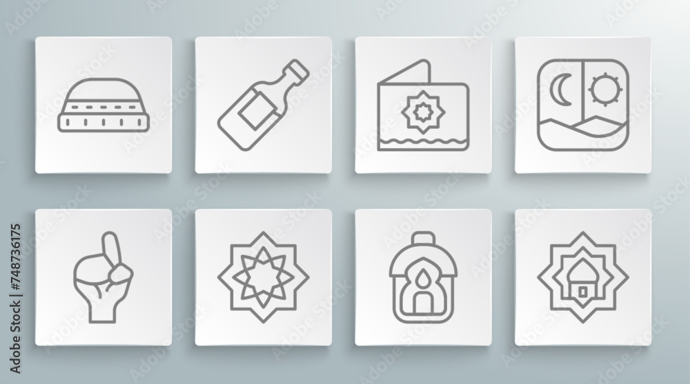 Set line Hands in praying position, Bottle of water, Octagonal star, Ramadan Kareem lantern, Muslim Mosque, fasting and hat for prayer icon. Vector Set line Hands in praying position, Bottle of water, Octagonal star, Ramadan Kareem lantern, Muslim Mosque, fasting and hat for prayer icon. Vector
